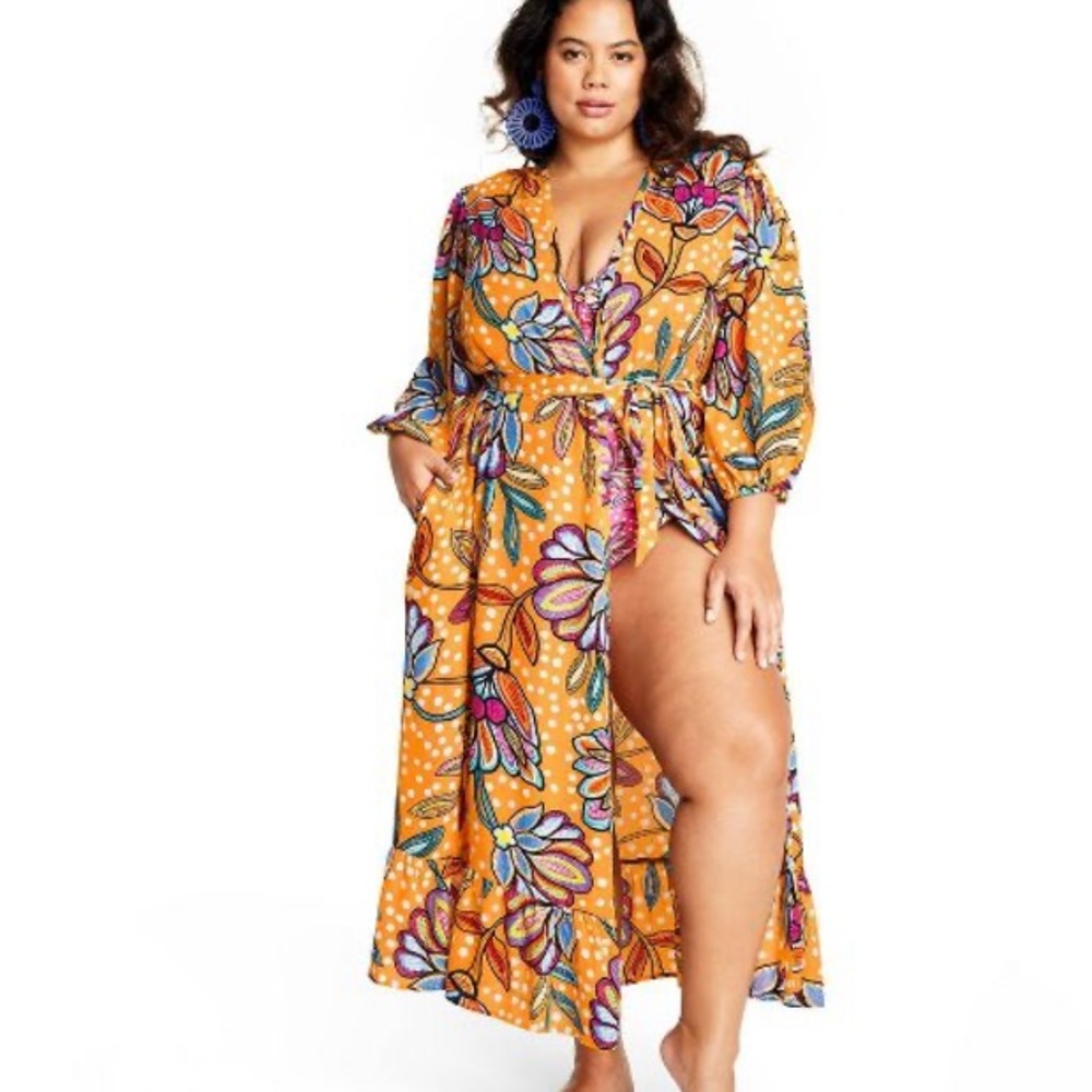 Floral Polka Dot Orange Paisley Print Cover Up Kimono Tabitha Brown - Picture 11 of 15
